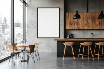 A white cafe interior with a bar island, a fridge, a window and a mockup frame