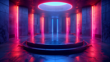 A vibrant, futuristic room illuminated with neon lights in various colors during the night