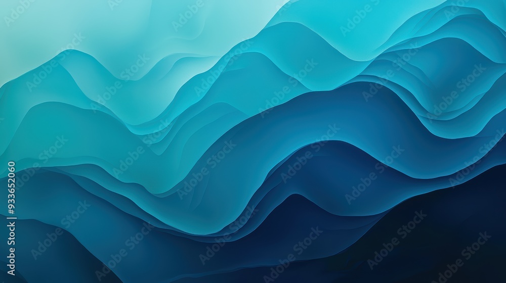 Poster waves of blue and teal create serene and calming abstract landscape. smooth gradients evoke sense of