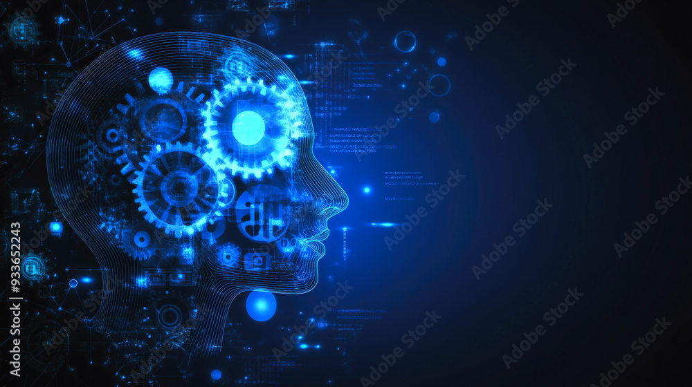 Poster a digital illustration of a human head silhouette filled with gears and technological elements, repr