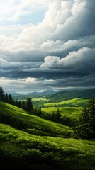 Naklejka premium Serene landscape featuring lush green hills under a dramatic sky, perfect for nature enthusiasts and outdoor lovers.