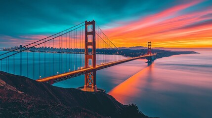 9. The Golden Gate Bridge in San Francisco, USA, glowing with orange and teal patterns at dusk. The bridge spans across a serene bay. Cinematic, fantasy style