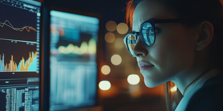 Femme analysant des donn&eacute;es num&eacute;riques, &eacute;conomique, financi&egrave;re. Codage, et cybers&eacute;curit&eacute;, menace informatique, donn&eacute;es des utilisateurs et violation de la vie priv&eacute;e. Intelligence artificielle, IA 