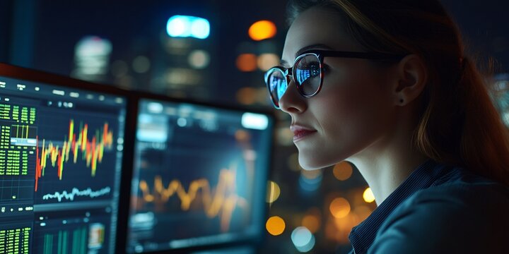 Femme analysant des donn&eacute;es num&eacute;riques, &eacute;conomique, financi&egrave;re. Codage, et cybers&eacute;curit&eacute;, menace informatique, donn&eacute;es des utilisateurs et violation de la vie priv&eacute;e. Intelligence artificielle, IA 
