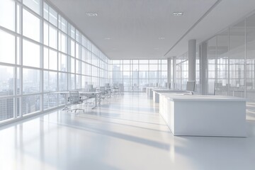 Obraz premium An office with multiple workstations, natural light, and a city view outside. Conceptual illustration of a business workplace.