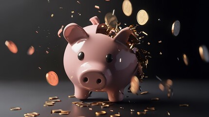 A pink piggy bank explodes with coins scattered around it.