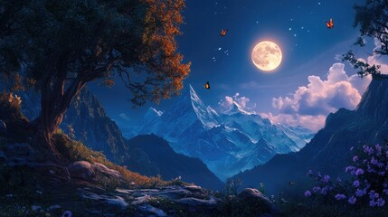Obraz premium Enchanting moonrise over a peaceful mountain range, with ancient trees and delicate butterflies creating a dreamy atmosphere