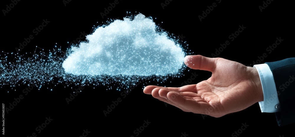 Poster hologram of a man's finger touching the cloud service and synchronizing and backing up files