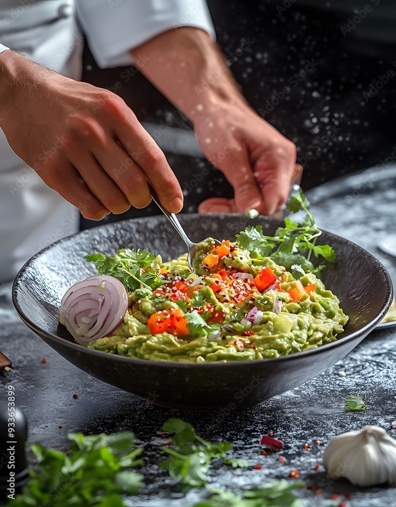 Wall mural chef preparing delicious guacamole