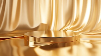 A sleek golden 3D platform with a reflective surface, designed to highlight premium products in a sophisticated and glamorous setting