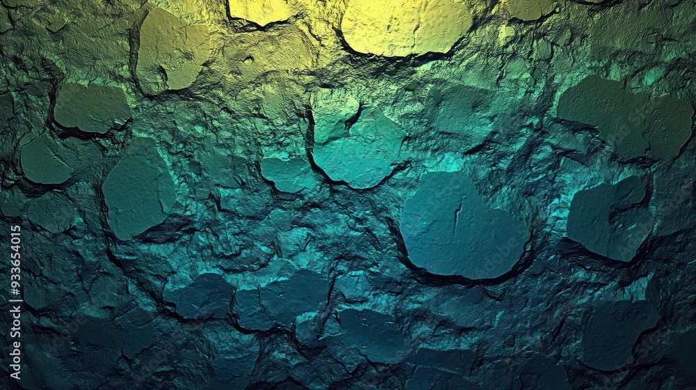 Poster textured wall with gradient of blue and green hues, showcasing rough patches and dynamic surface. in