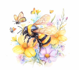 Hand drawn watercolor bee