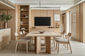 Fototapeta premium The interior of a wooden home's living room contains a table and chairs, a shelf, and a window