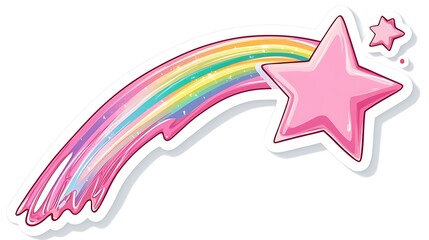 Obraz premium Whimsical Pink Shooting Star Sticker with Pastel Rainbow Trails on White Background in Cartoon Style