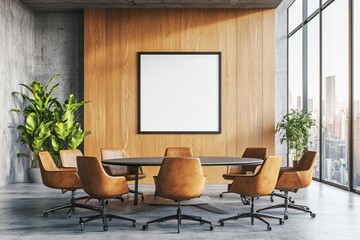 Room interior with rows of tables and views of the sky. Mockup frame.