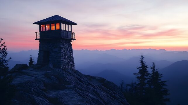 A firewatch tower made of stone, set against a blurred, mountainous backdrop with a gradient sky transitioning from dawn to daylight, rugged and timeless feel, peaceful and enduring mood,