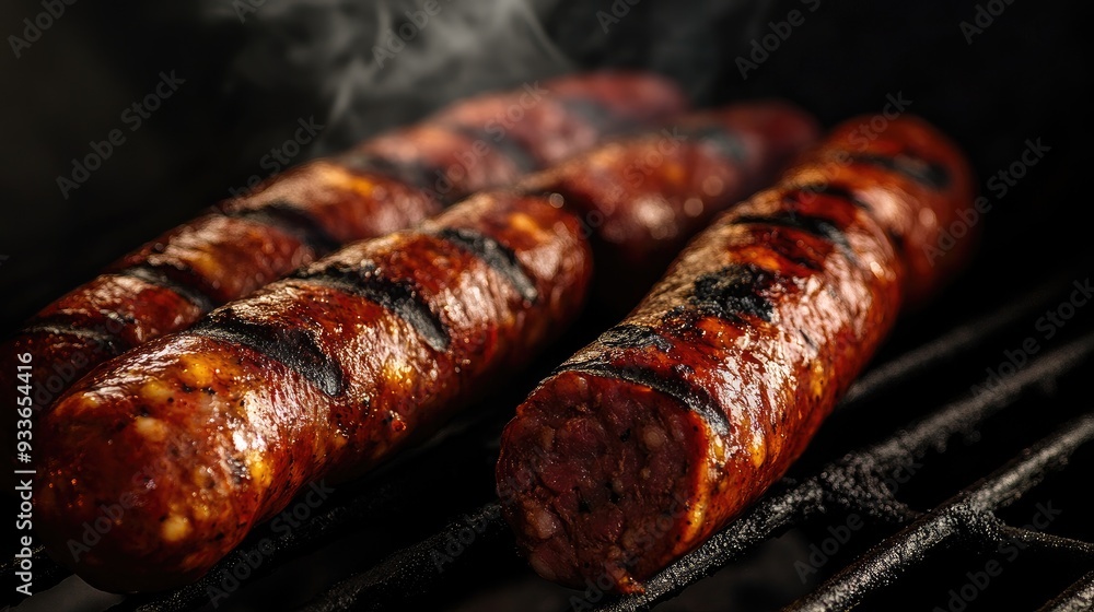 Poster Overhead shot of Sucuk beef sausage cooking on a grill, with a black background emphasizing the smoky, charred texture and rich flavor.