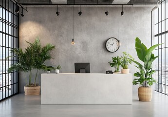 Three clocks and a large plant sit behind a wooden counter in this modern office reception area. There is natural light, a concrete floor, and a minimalistic design concept.