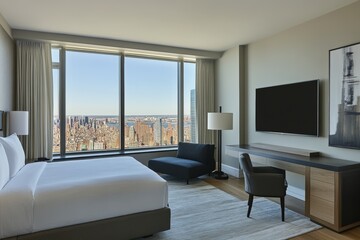 Stylish bedroom with work and sleep areas, a lounge area near a window