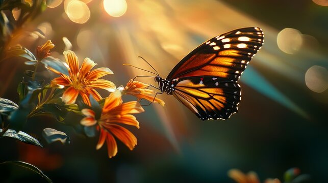 A stunning macro photograph captures a butterfly hovering above a flower, bathed in a play of light and shadow. The vibrant colors and intricate details make it a captivating piece of art.