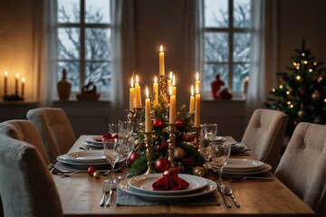  Festive table setting for Christmas celebration in dining room