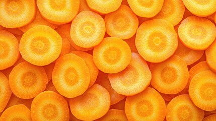 Top view of thin, circular slices of fresh ripe carrots forming a vibrant orange background, perfect for healthy eating, vegan, or vegetable-themed concepts