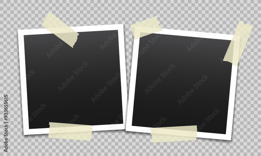 Poster vector blank photo frames with transparent adhesive tape isolated on transparent background. templat