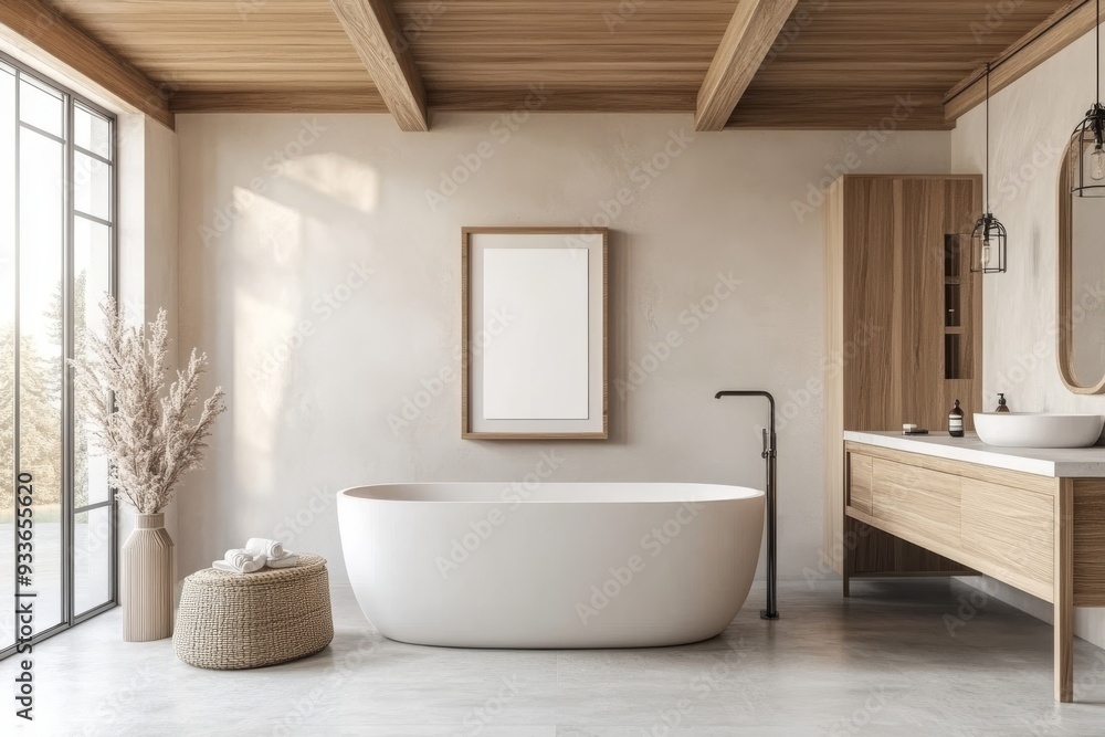 Poster Three-dimensional rendering of a modern bathroom with a blank canvas on the wall.
