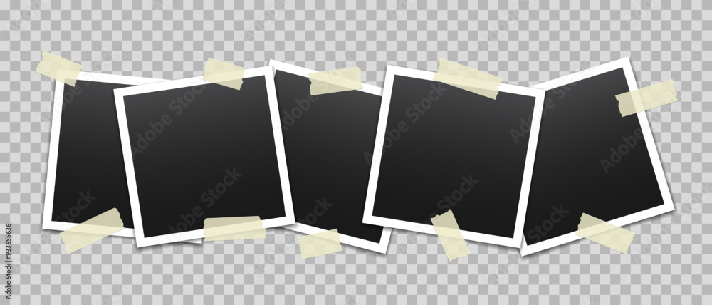 Poster vector blank photo frames with transparent adhesive tape isolated on transparent background. templat