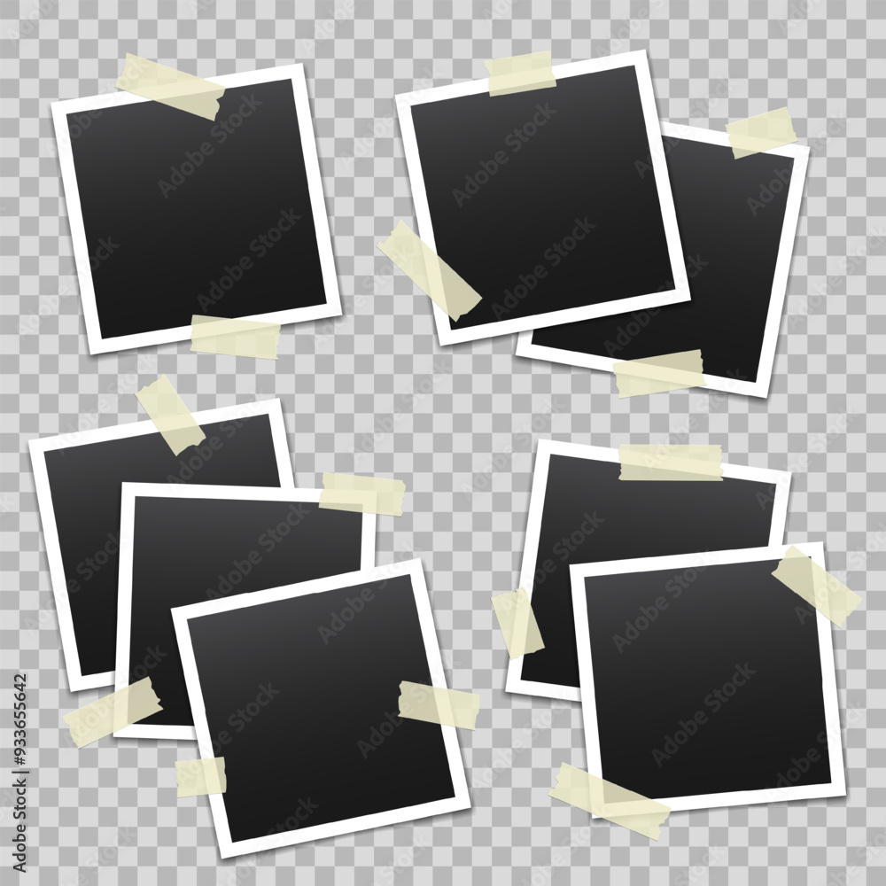 Poster vector blank photo frames with transparent adhesive tape isolated on transparent background. templat