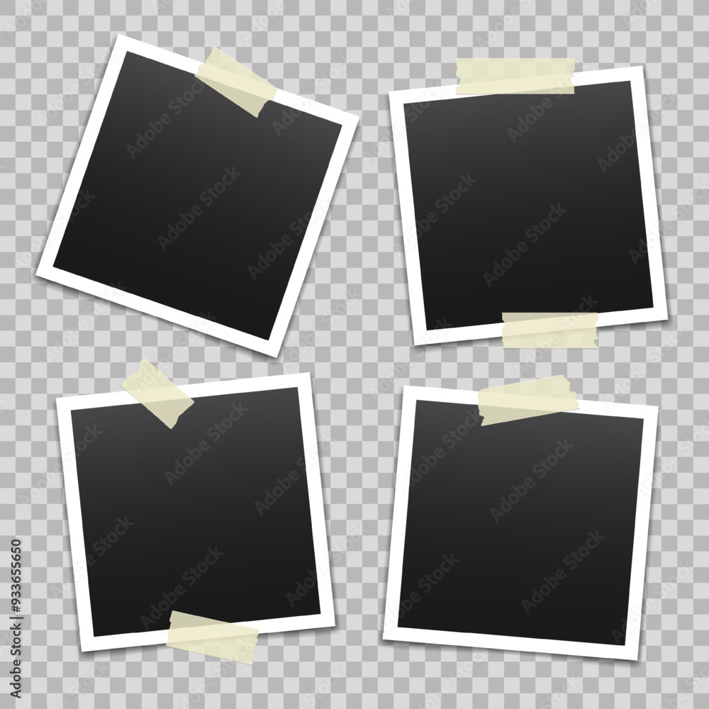 Poster vector blank photo frames with transparent adhesive tape isolated on transparent background. templat