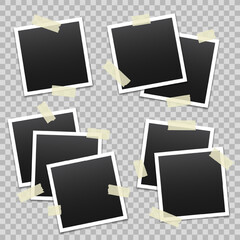 Vector blank photo frames with transparent adhesive tape isolated on transparent background. Template mockup photo design. Torn pieces of masking tape.