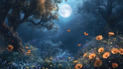 Mystical moonlit forest with ancient trees and vibrant flowers, butterflies creating an enchanting scene
