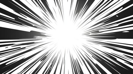 Abstract comic book explosion with radial lines on a transparent background. Vector illustration features superhero design, bright black light strip burst, flash ray blast glow and speed lines.