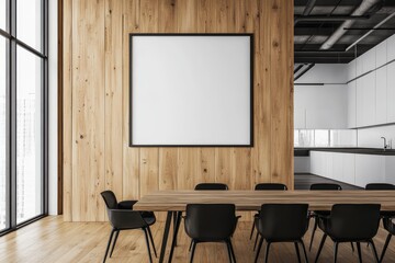 Kitchen interior with wood surfaces and window. Mockup frame.