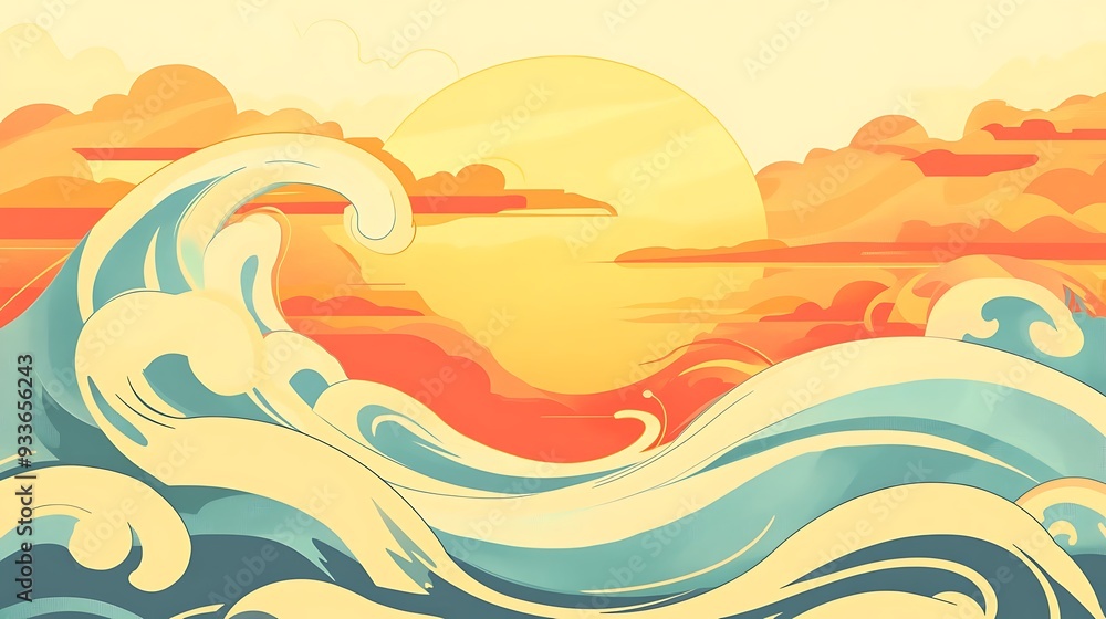 Poster tranquil twilight - vector illustration of yellow swirling wind patterns with minimalistic flat desi