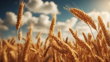 Obraz premium Golden Wheat Stalks Against a Cloudy Blue Sky