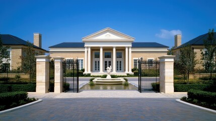 A large brick house showcases white double doors and an open gate leading to a beautifully landscaped front yard in London