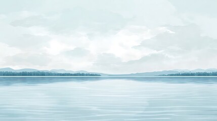 Tranquil Lake Ripples Vector Illustration with Minimalistic Flat Design and Hand-Drawn Texture on Cloudy Sky Background