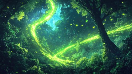 Radiant neon trails slicing through a dense forest canopy, illuminating the vibrant greenery below