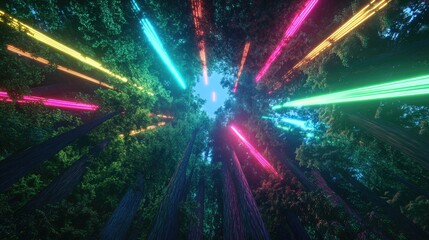 Radiant neon trails slicing through a dense forest canopy, illuminating the vibrant greenery below