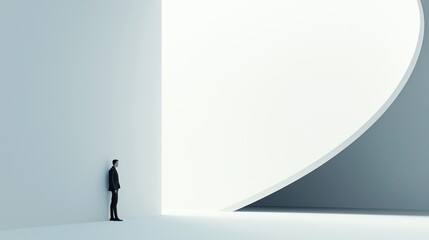 A man stands contemplatively against large, minimalist wall, evoking feelings of solitude and introspection in vast, open space. 