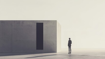 Fototapeta premium A solitary man stands contemplatively beside minimalist concrete structure, evoking feelings of isolation and introspection. 