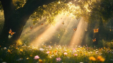 Fototapeta premium Sunlight piercing through the canopy of ancient trees, illuminating a field of flowers with butterflies flitting in the warm light