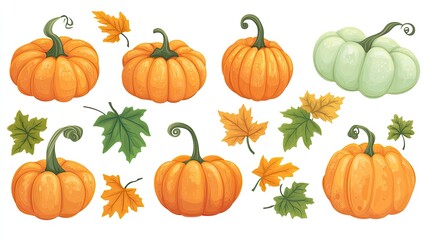 A playful set of cartoon-style pumpkins with green leaves, showcasing autumn's rich colors in a fun and festive design, great for Halloween or Thanksgiving.