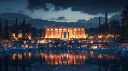 Obraz premium 12. The Acropolis in Athens, Greece, illuminated by red and white patterns during the evening. The ancient ruins reflect in pools below. Realistic, fantasy style