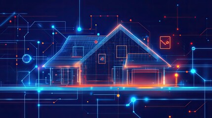 Digital smart house built from glowing lines and dots signifying tech and security convergence