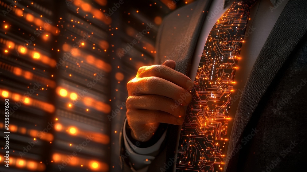 Poster a man in a data center wearing an illuminated circuit board suit.
