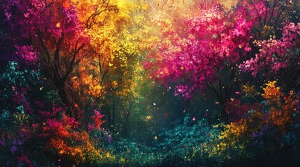 Surreal forest where every tree and flower bursts with bright, unreal colors, creating a magical landscape