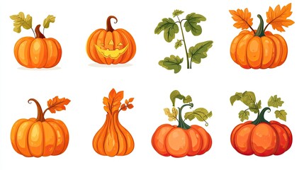A set of cartoon pumpkin icons with orange and red shades, featuring green leaves and stems. Perfect for autumn, Halloween, or Thanksgiving graphics.